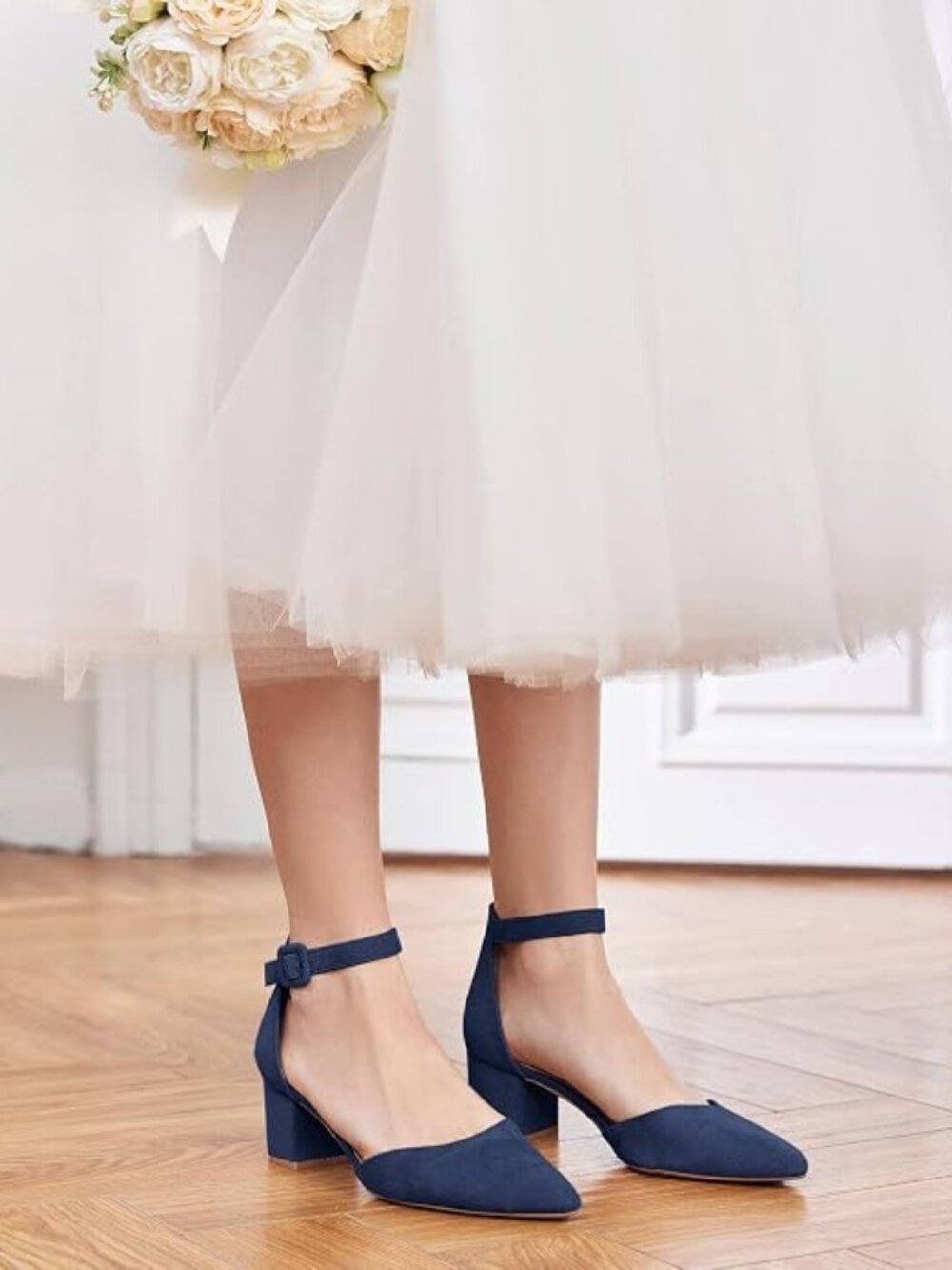 Women's Pointed Toe Pumps Ankle Strap Buckle Chunky Block Heel Dress D'Orsay Sho